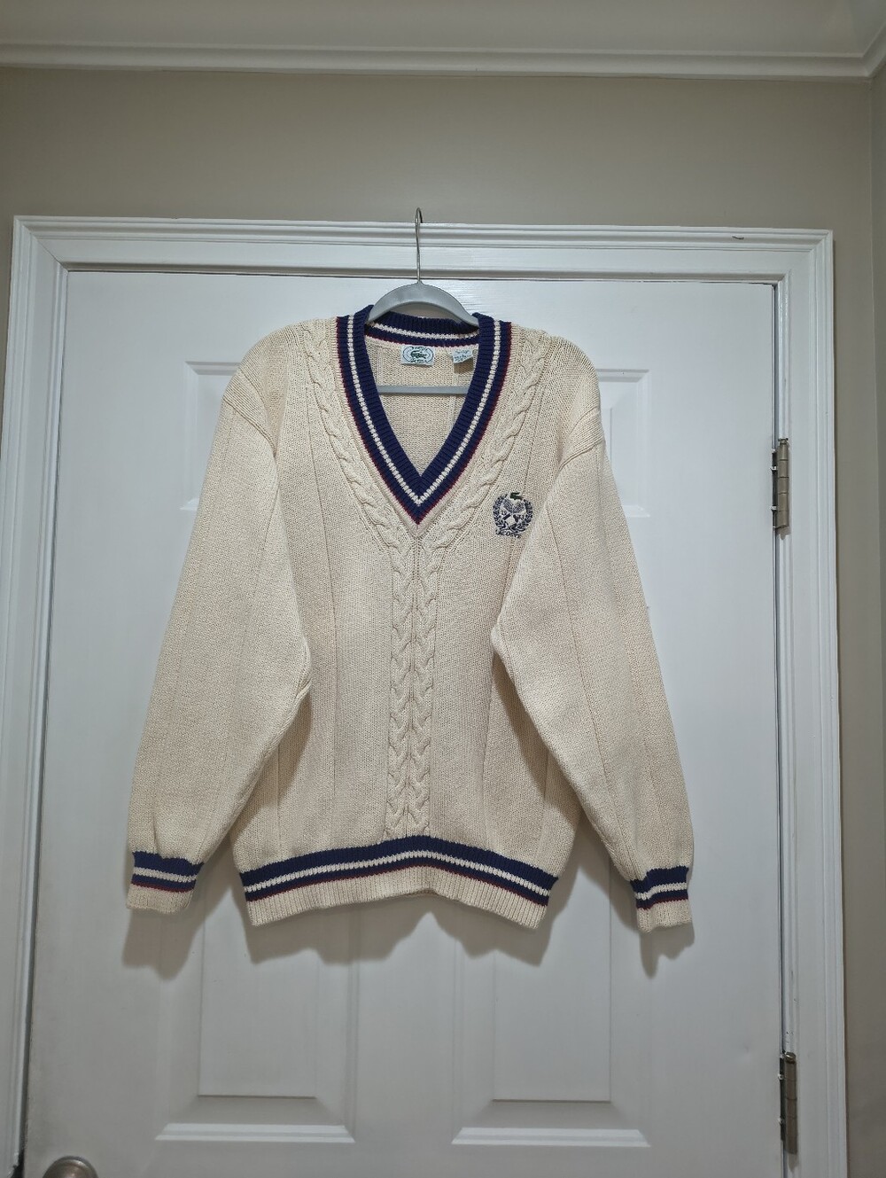Vintage Izod Lacoste Tennis Cable Knit Sweater Crested Cream Size Large